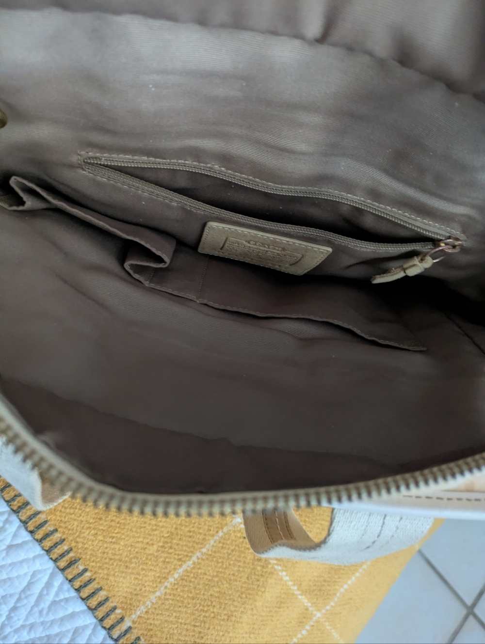 Coach Pale Yellow And tan Signature Tote with Leather Tags & trims - Picture 7 of 11